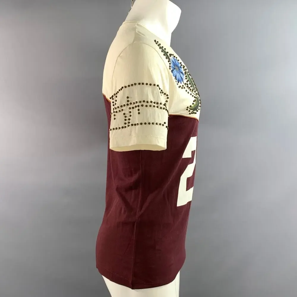 GUCCI Size XS Beige Burgundy Studded Cotton Crew Neck T shirt